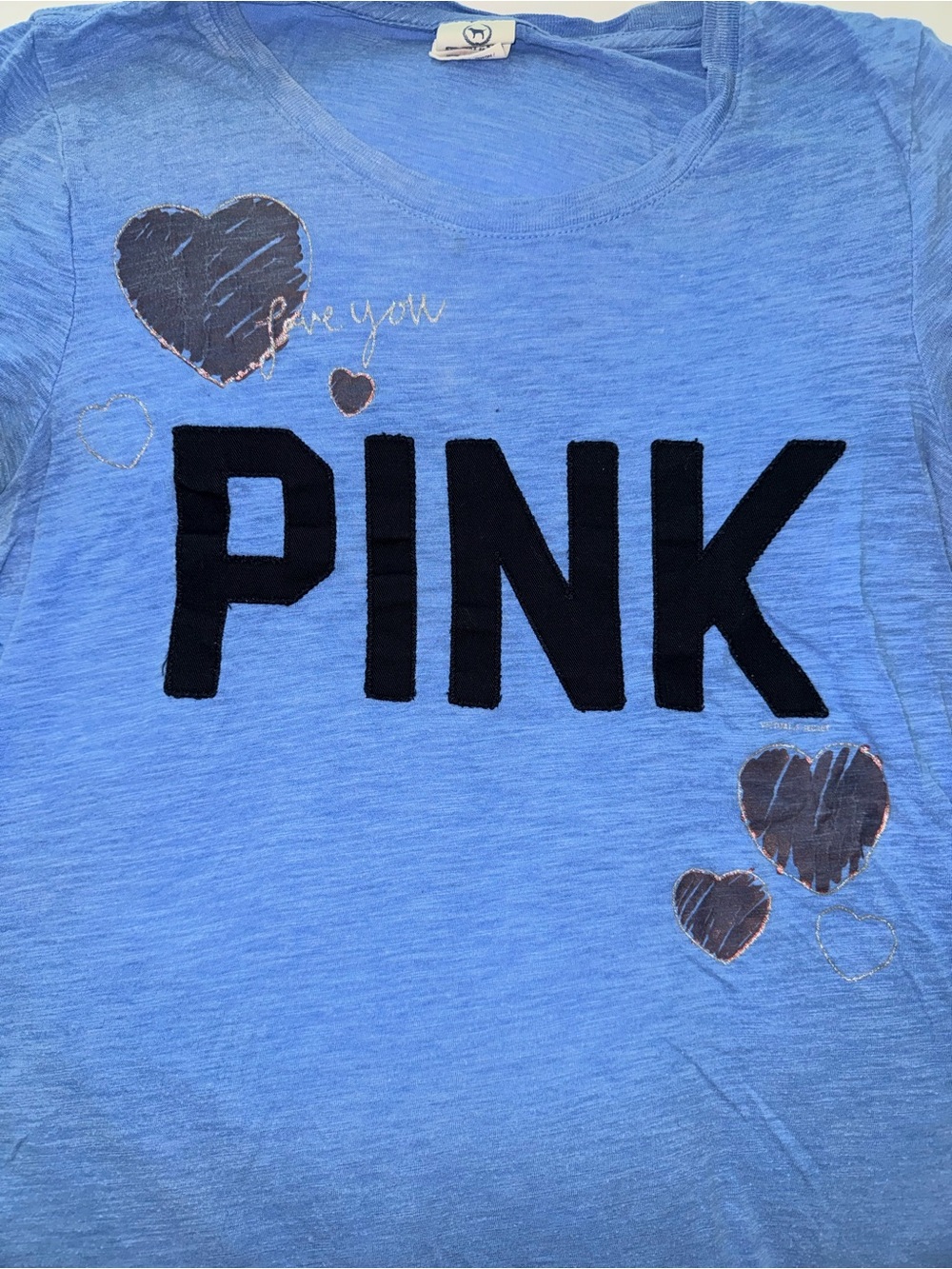 Vintage Victoria’s Secret PINK Blue Graphic Tee Medium Bling Hearts Y2K Inspired